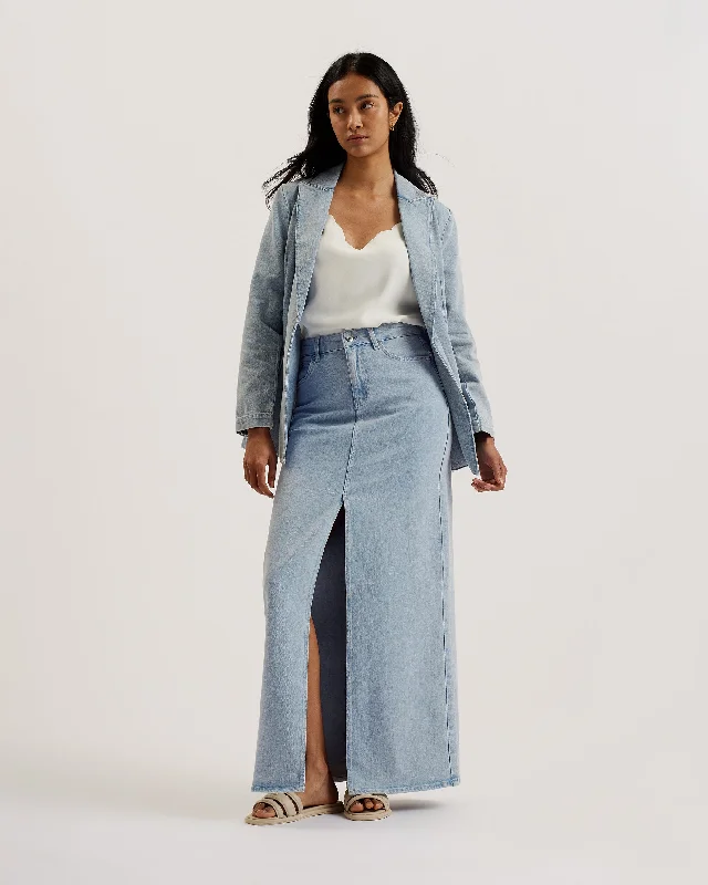 Dorlat Maxi Denim Skirt With Centre Front Sl Lt-Wash lace skirt delicate