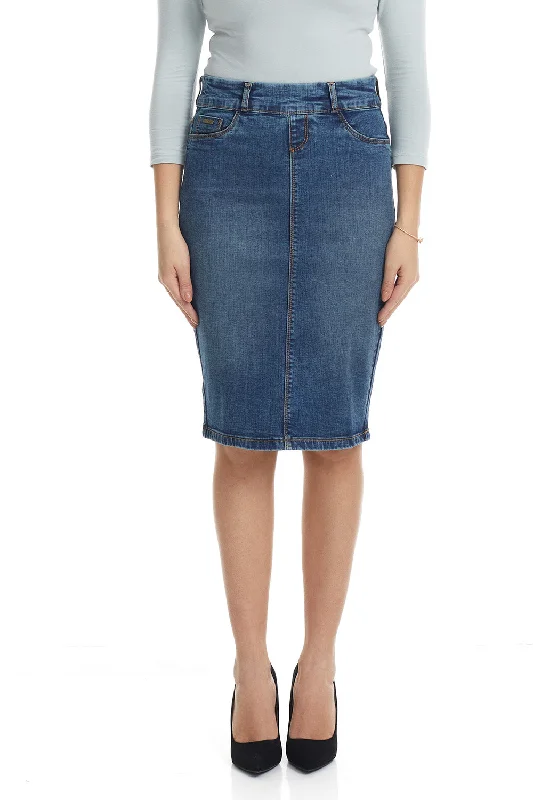 Denim below knee length denim jean skirt 'Brooklyn' leather skirt bold