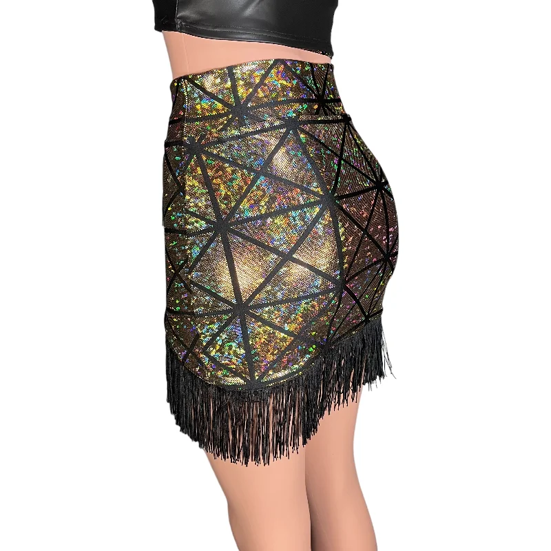 Fringe Pencil Skirt - Glass Pane Shattered Glass Holographic in Gold or Silver button skirt front