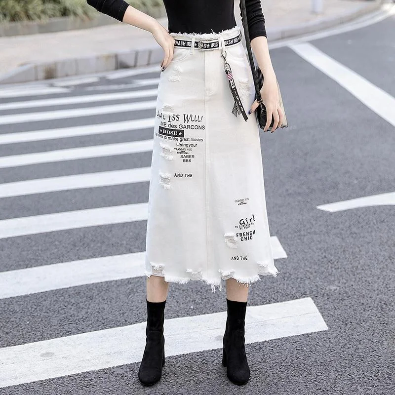 Letter Printed White Tassels High Waist Long Denim Skirts silk skirt elegant