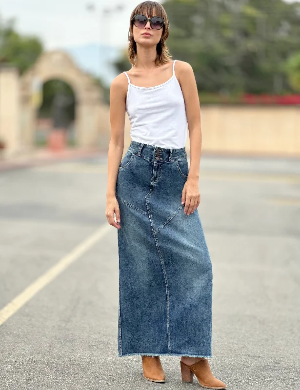 Pieced Denim Maxi Skirt leather skirt refined