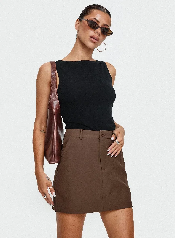 Sabyna Tailored Mini Skirt Brown button skirt front