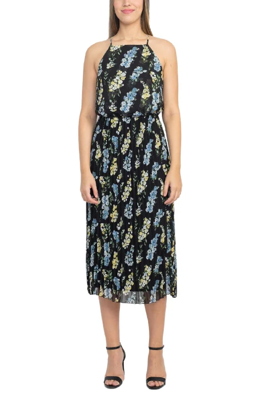 Sam Edelman Square Neck Sleeveless Elastic Waist Zipper Back Multi Print Pleated Skirt chiffon skirt floaty