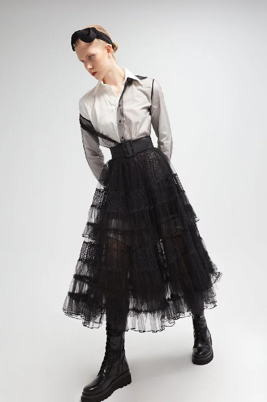 Shirt style blouse with pleated midi skirt lace skirt intricate