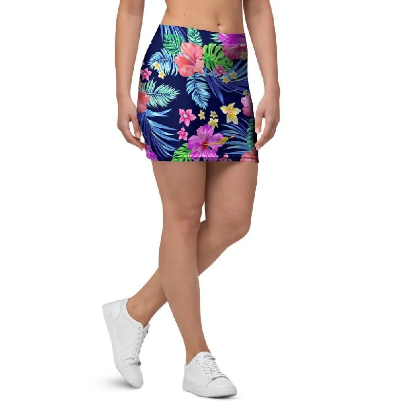 Tropical Exotic Flowers Hibiscus Hawaiian Print Mini Skirt leather skirt sleek