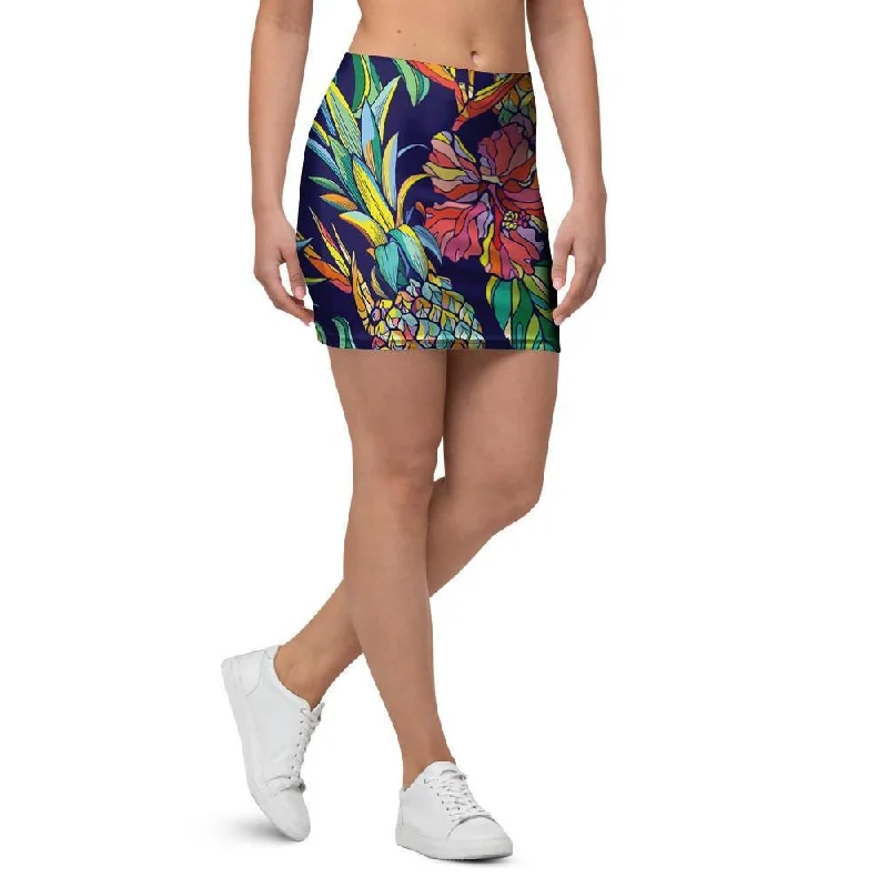 Tropical Floral Pineapple Print Mini Skirt chiffon skirt floaty