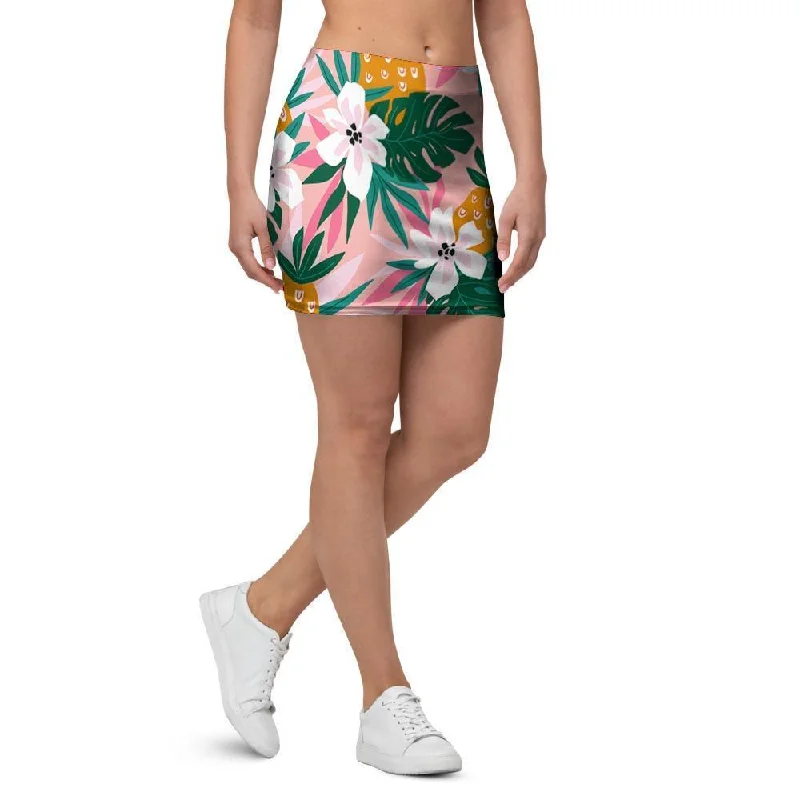 Tropical Flower Hawaiian Pineapple Print Mini Skirt silk skirt lustrous