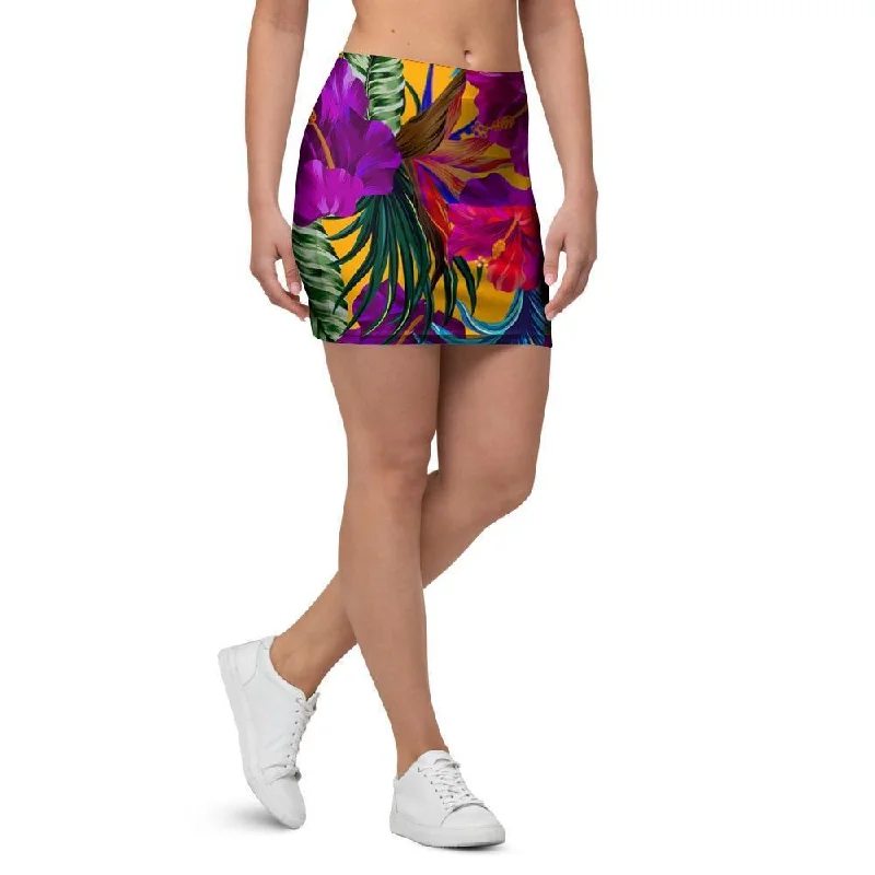 Tropical Hibiscus Flower Hawaiian Print Mini Skirt wool skirt thick