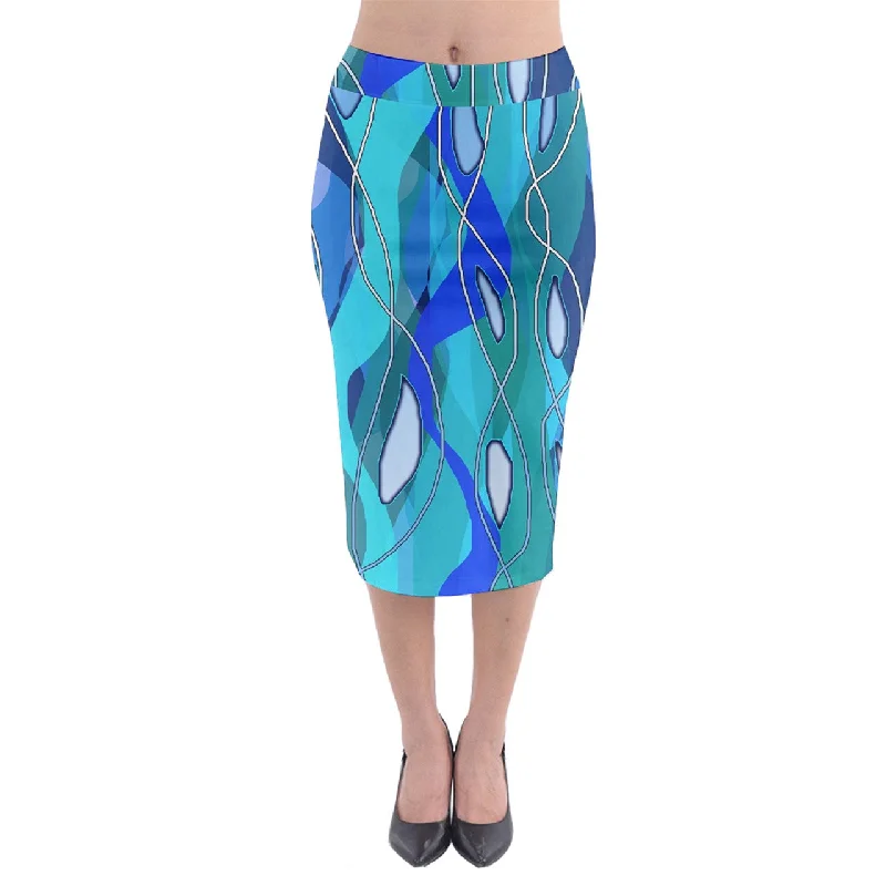 Wavy Blue Midi Pencil Skirt leather skirt modern