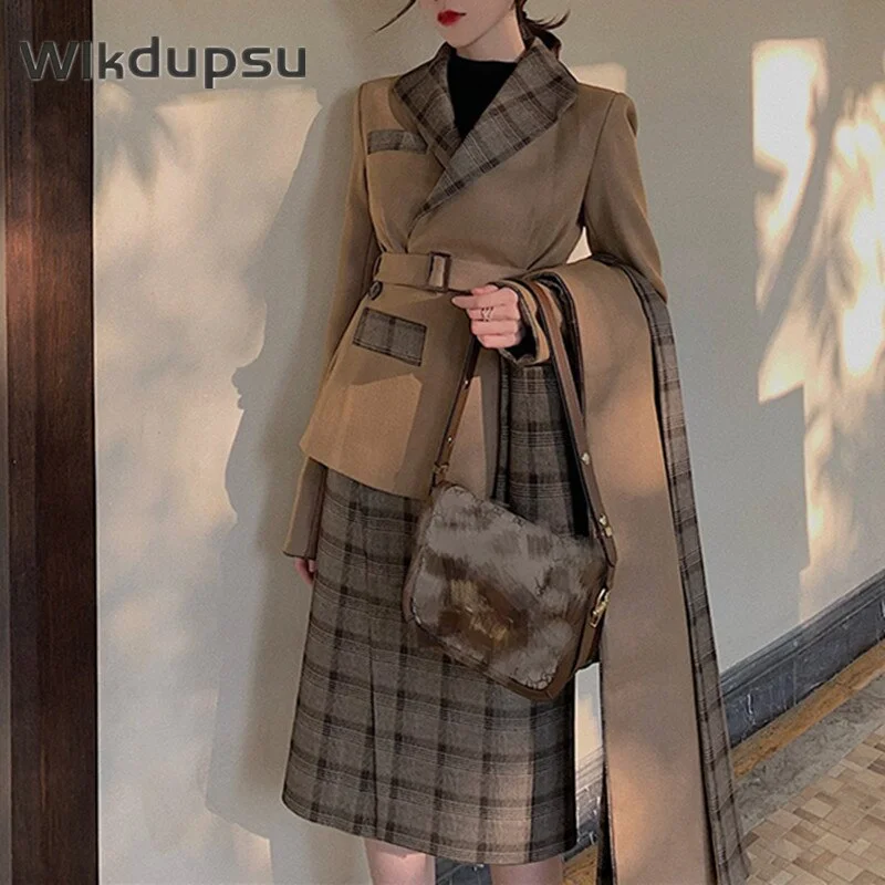 Women Skirt Suits Office Lady Two Piece Sets Formal Business Clothes Autumn Winter Retro Plaid Blazer Jacket Midi Pencil Skirts cotton skirt soft