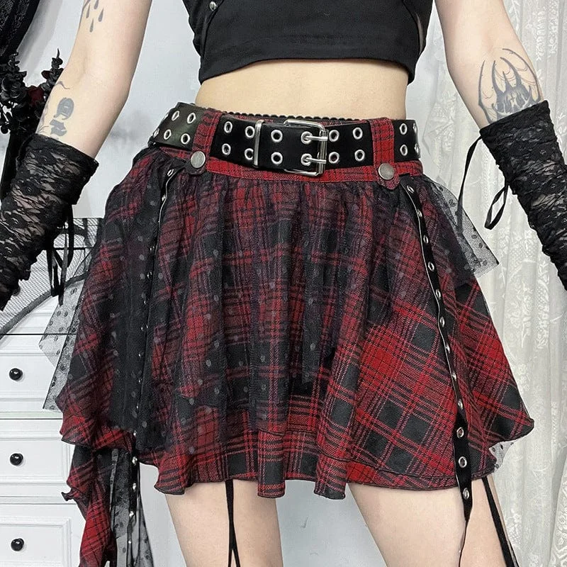 Women's Grunge Mesh Grid Bubble Short Skirt Red leather skirt durable